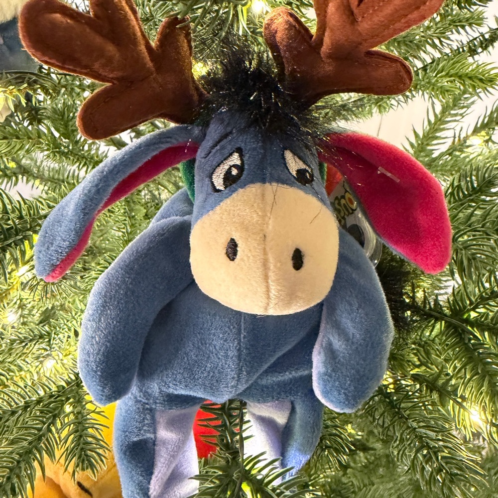 Disney Christmas Mini Bean Bag Stuffed Eeyore with Reindeer Antlers Ornament